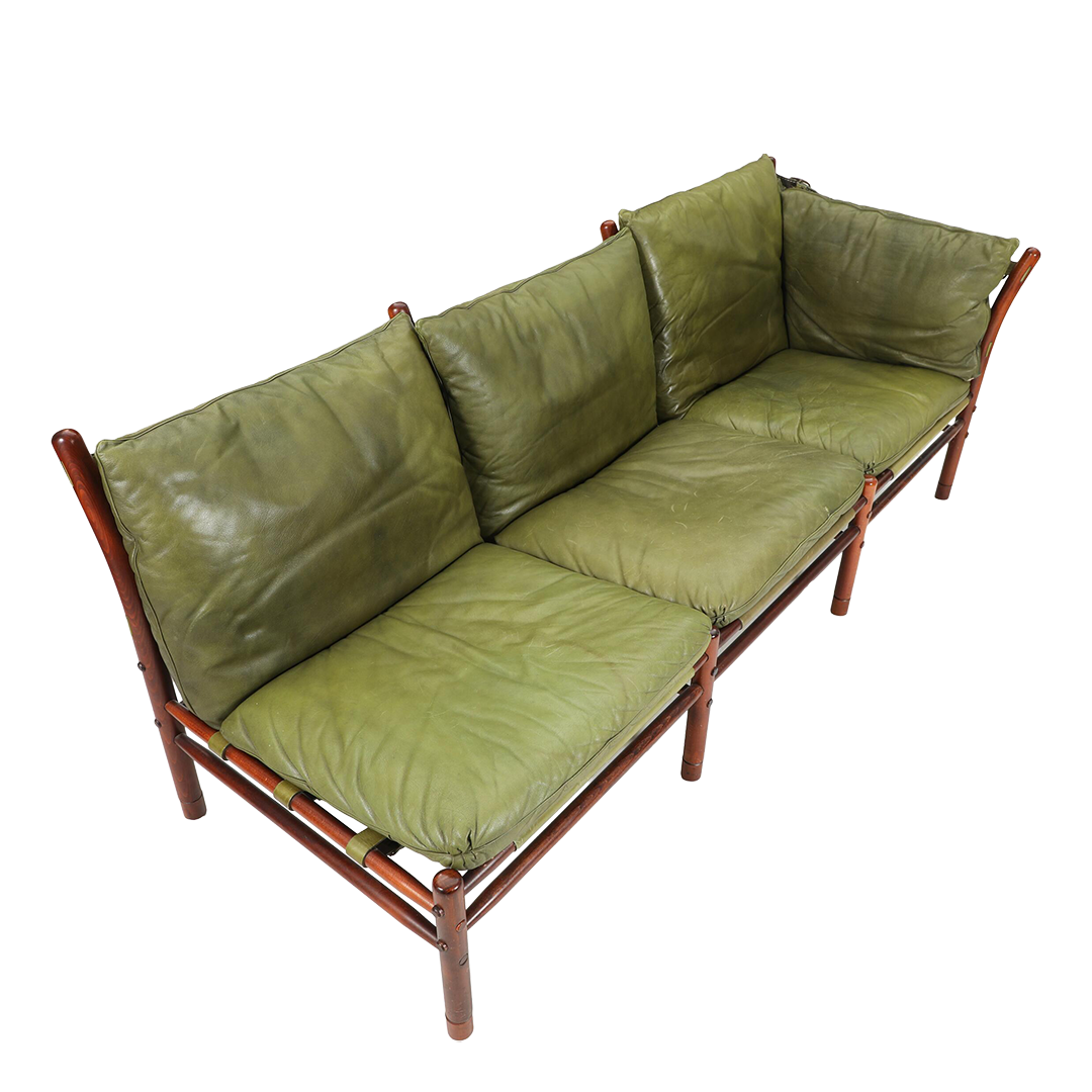 1970s Arne Norell : classic 3-seat Ilona sofa in avocado green leather, Sweden