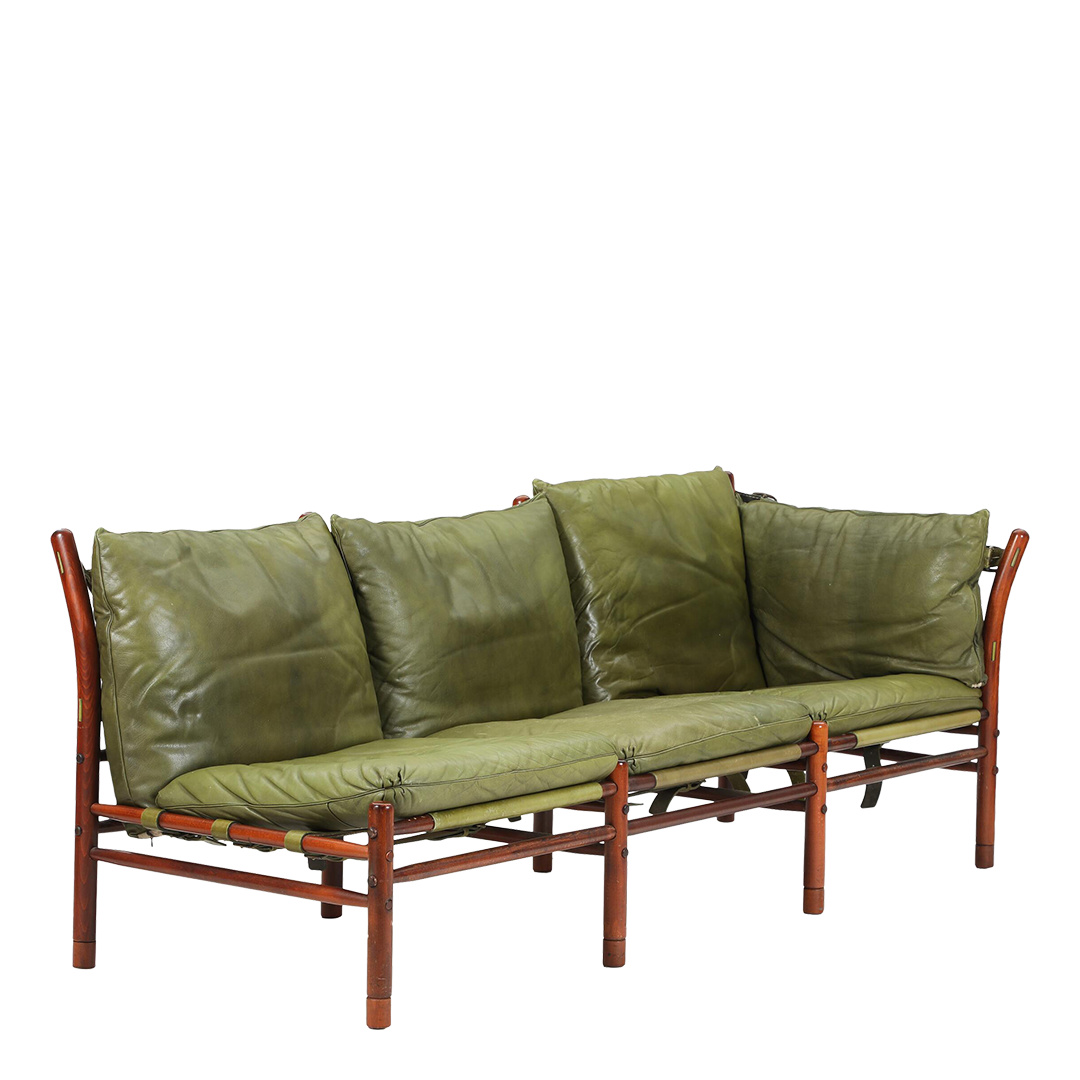 1970s Arne Norell : classic 3-seat Ilona sofa in avocado green leather, Sweden