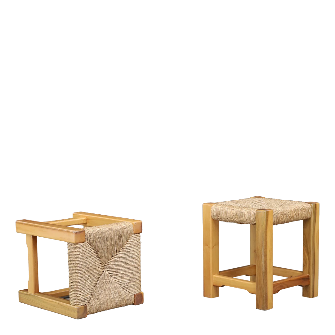 1960s European : solid oakwood and rush low stool