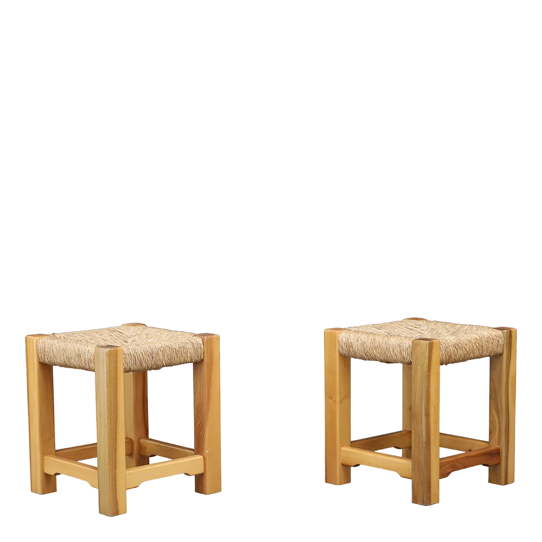 1960s European : solid oakwood and rush low stool