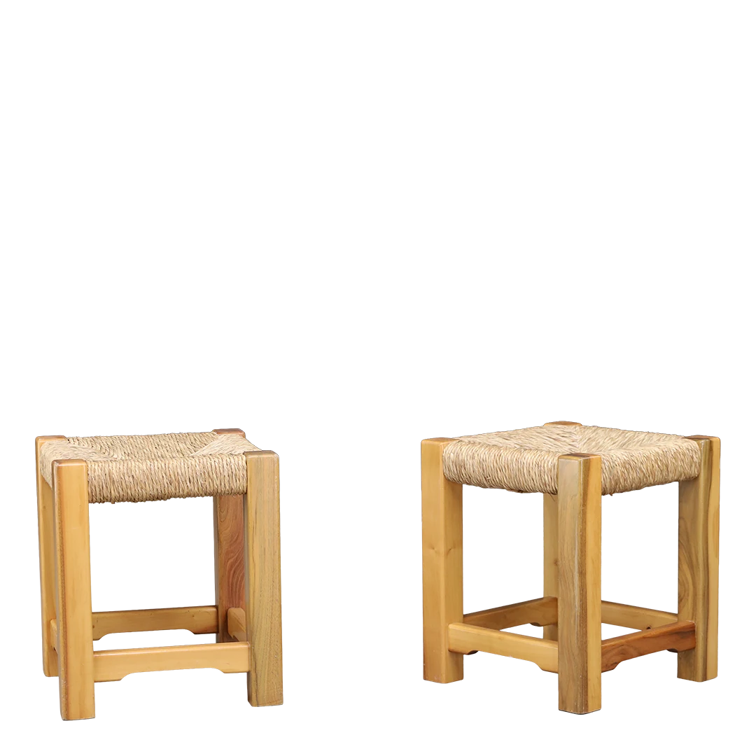 1960s European : solid oakwood and rush low stool