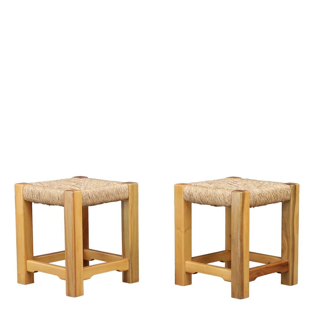 1960s European : solid oakwood and rush low stool