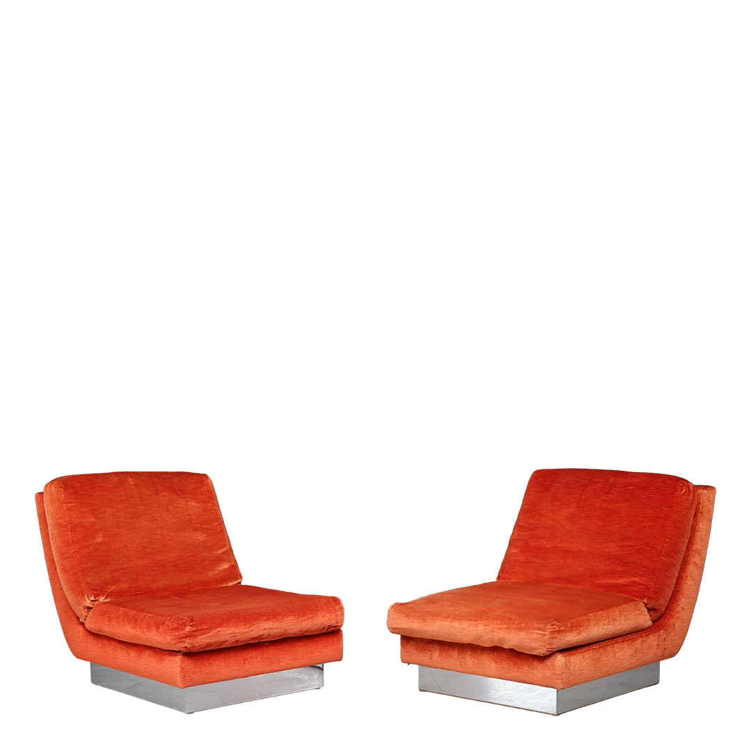 1970s Jacques Charpentie : pair of orange velvet low-slung slipper chairs