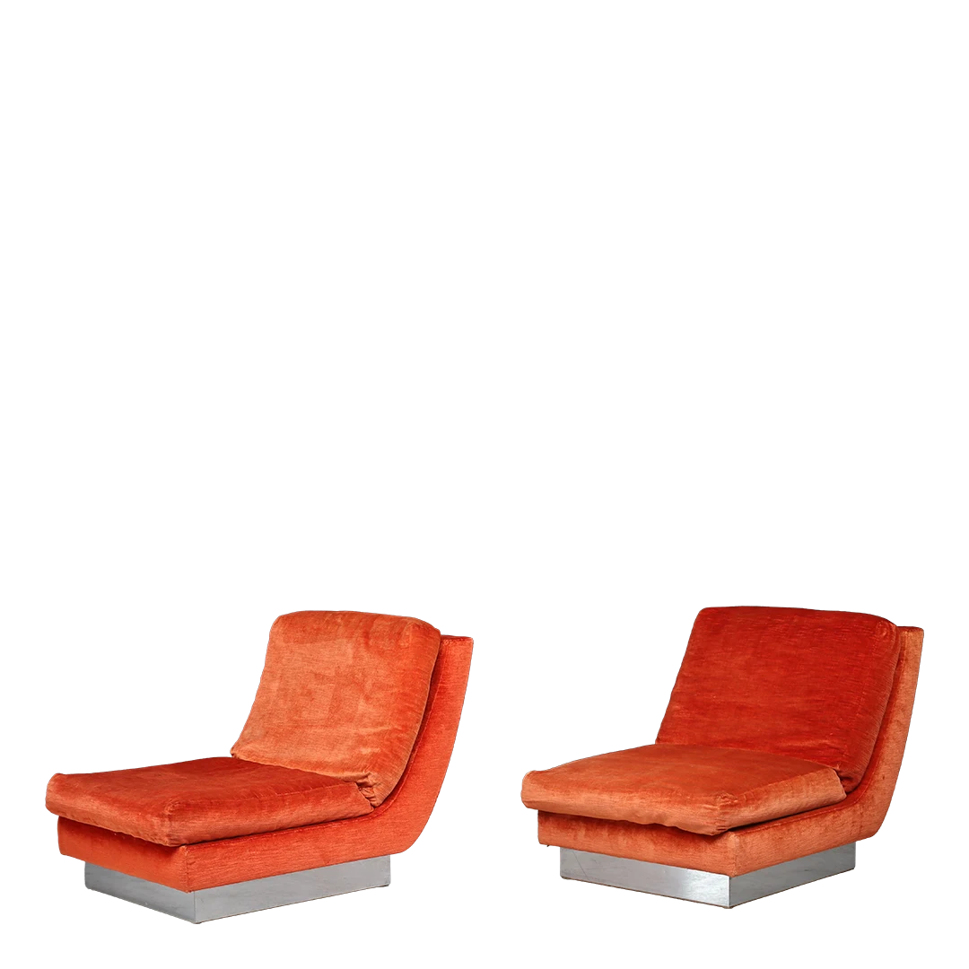 1970s Jacques Charpentie : pair of orange velvet low-slung slipper chairs