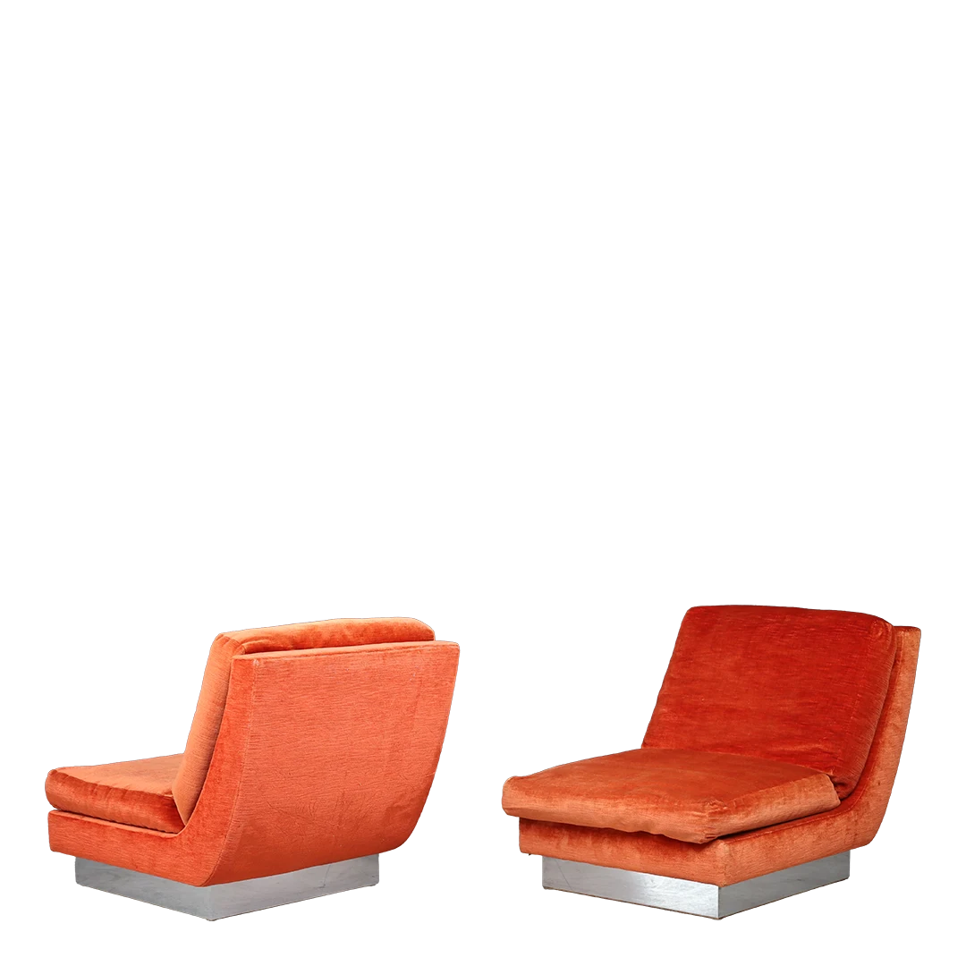 1970s Jacques Charpentie : pair of orange velvet low-slung slipper chairs