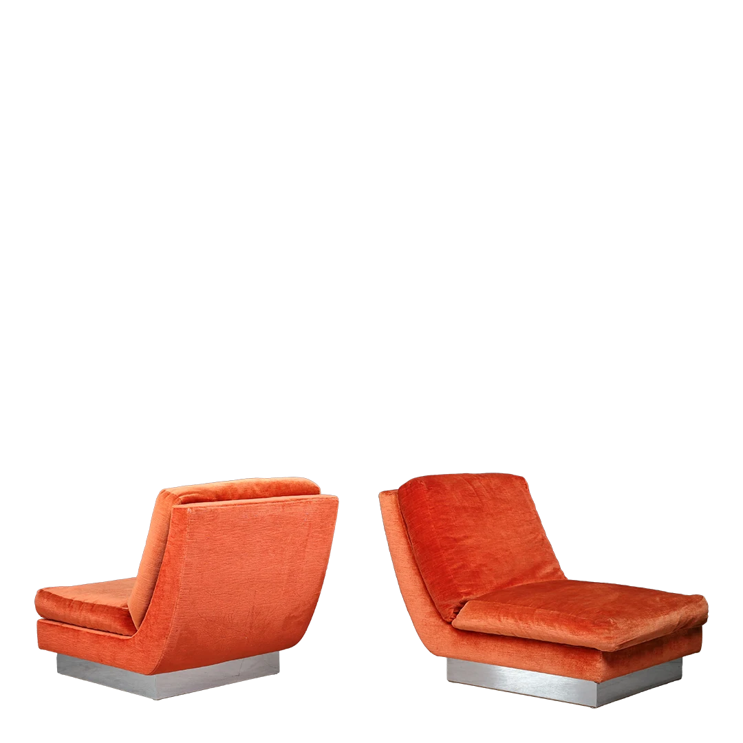 1970s Jacques Charpentie : pair of orange velvet low-slung slipper chairs