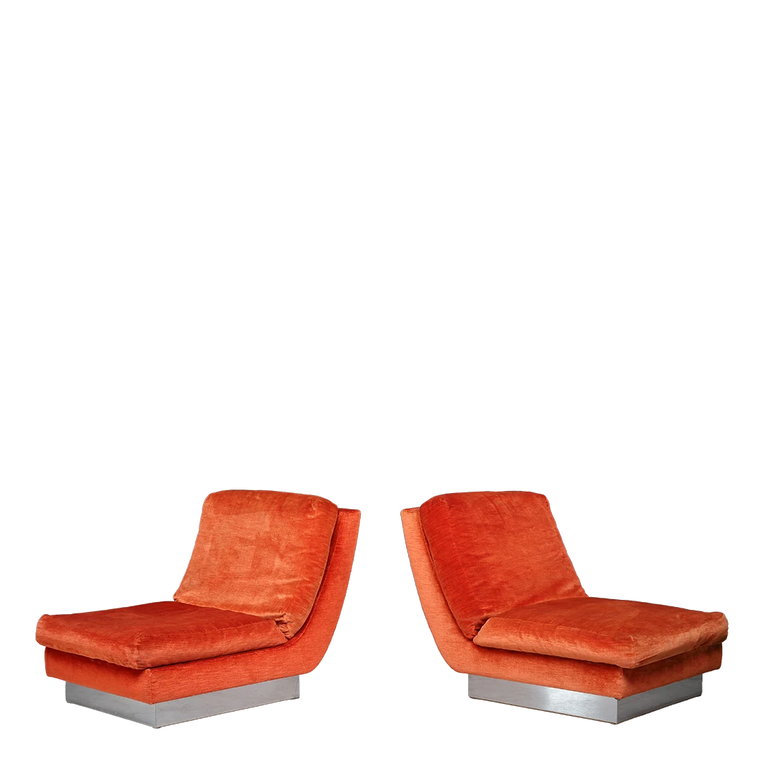 1970s Jacques Charpentie : pair of orange velvet low-slung slipper chairs