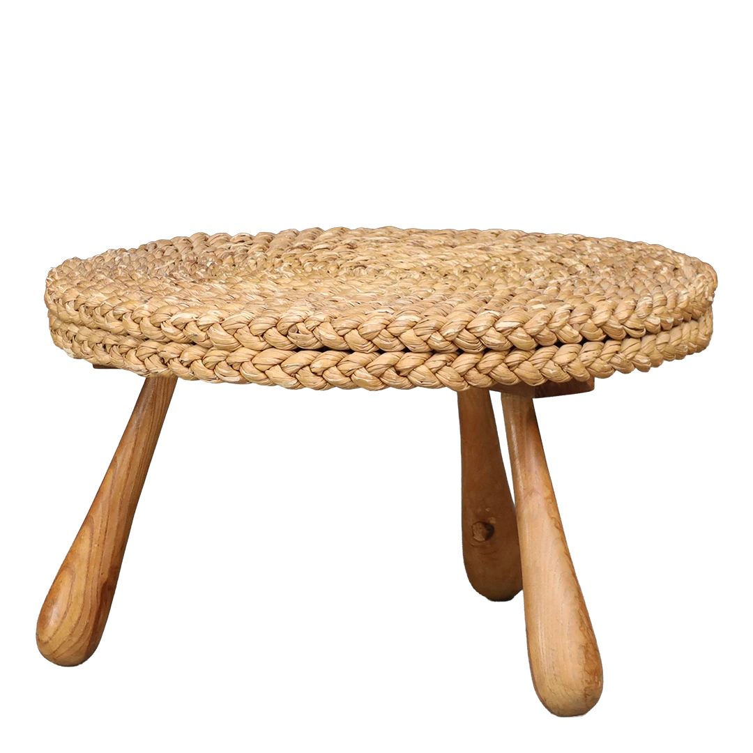 1960s Audoux & Minet : 24" thick braided rope/rush coffee table
