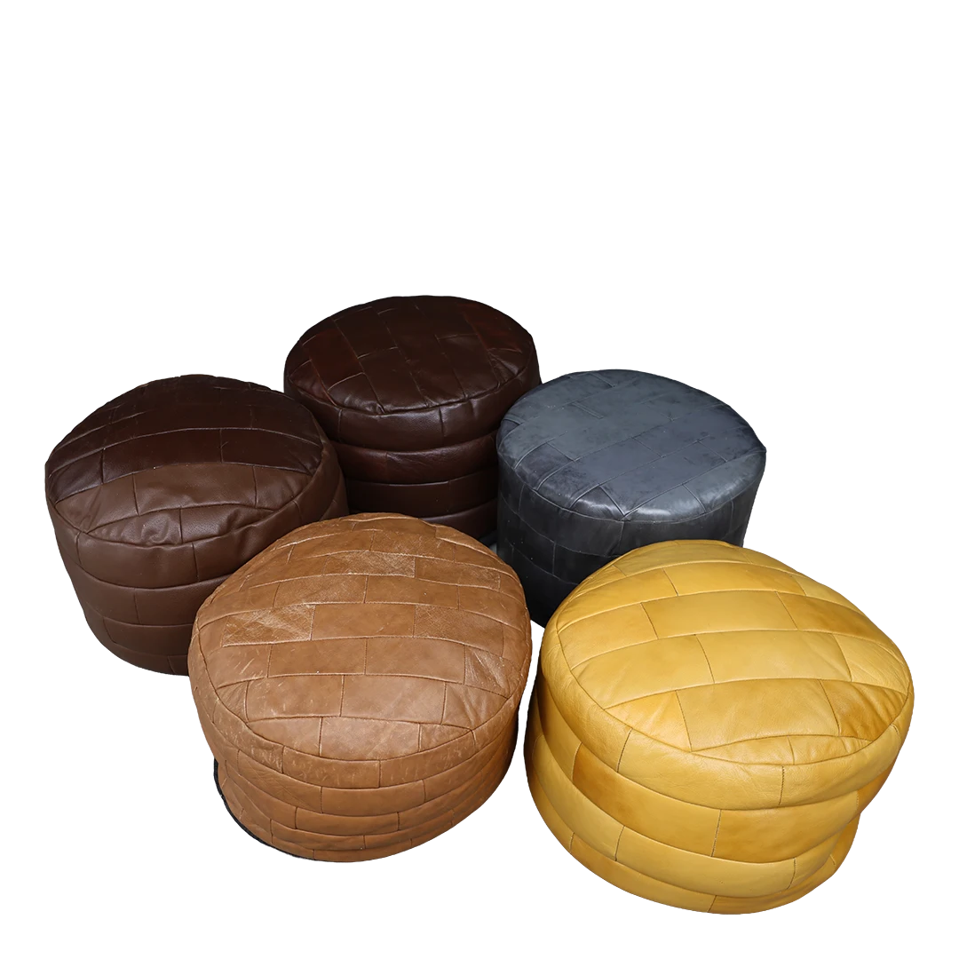 1980s European : assorted patchwork leather pouf, De Sede style