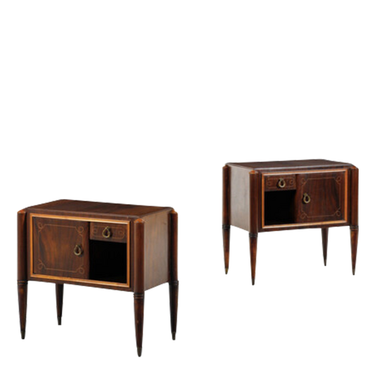 Pair 1950s Italian : rosewood, brass and nightstands with inlay