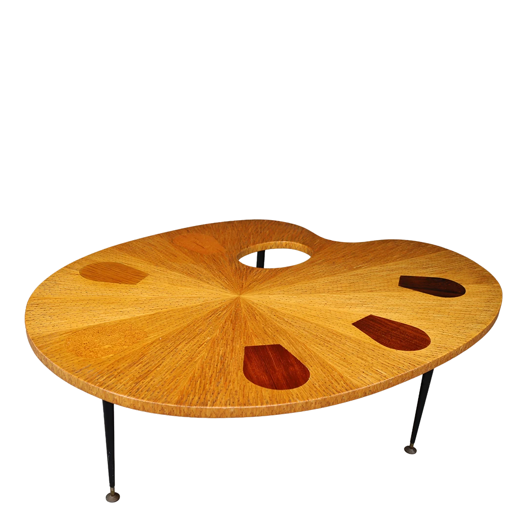 1960s French : "Artist's Palette" oakwood & metal coffee table