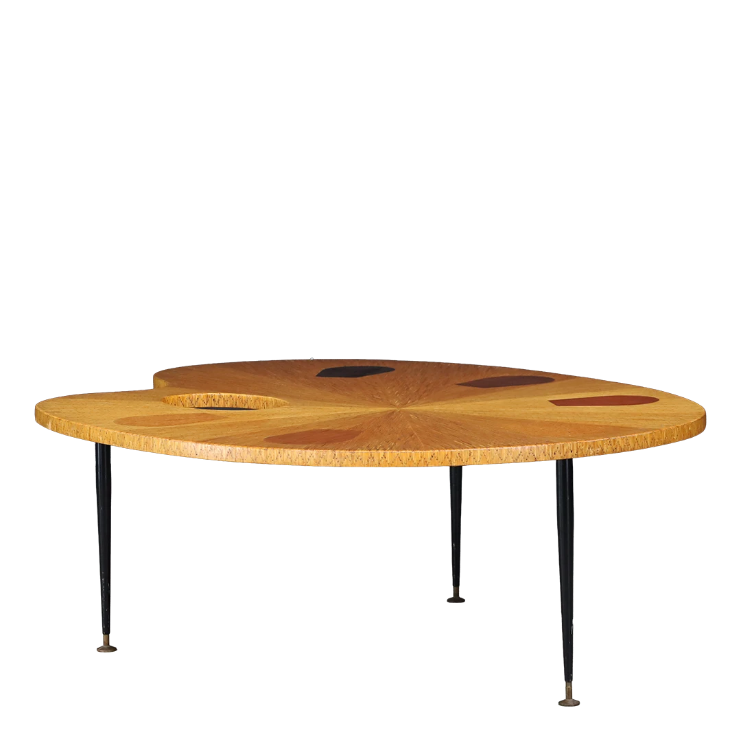 1960s French : "Artist's Palette" oakwood & metal coffee table