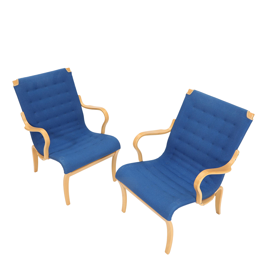 1978 Bruno Mathsson : laminated beech "Mina" armchair in blue wool