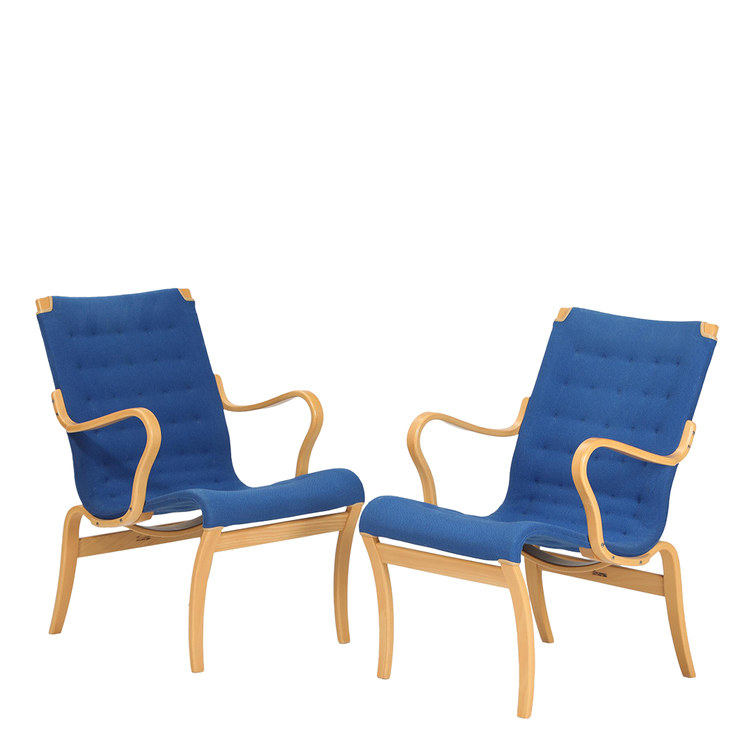 1978 Bruno Mathsson : laminated beech "Mina" armchair in blue wool