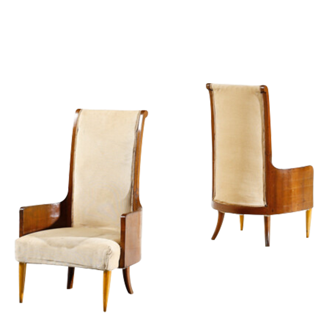 1940s Italian : pair of padded tall-back walnut armchairs