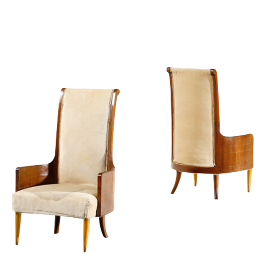 1940s Italian : pair of padded tall-back walnut armchairs