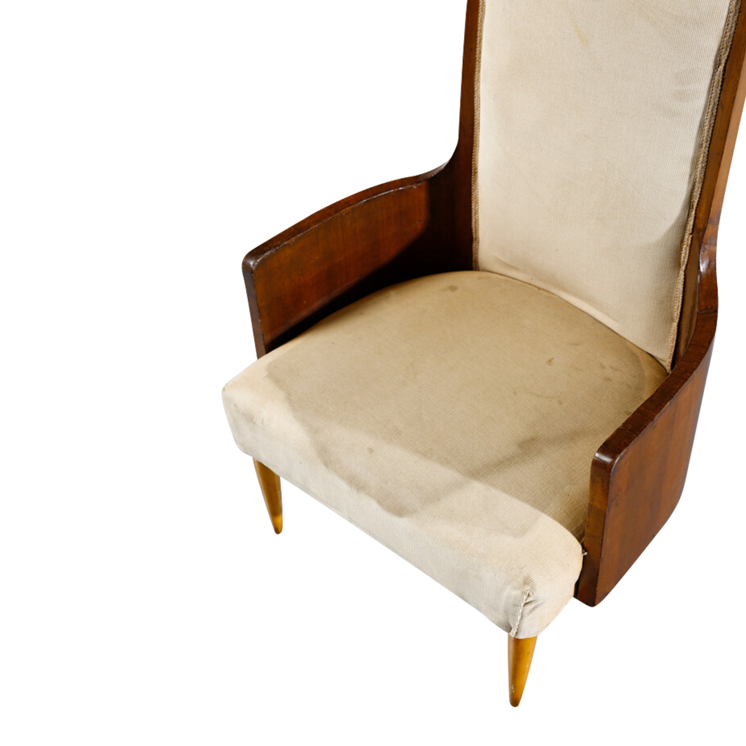 1940s Italian : pair of padded tall-back walnut armchairs