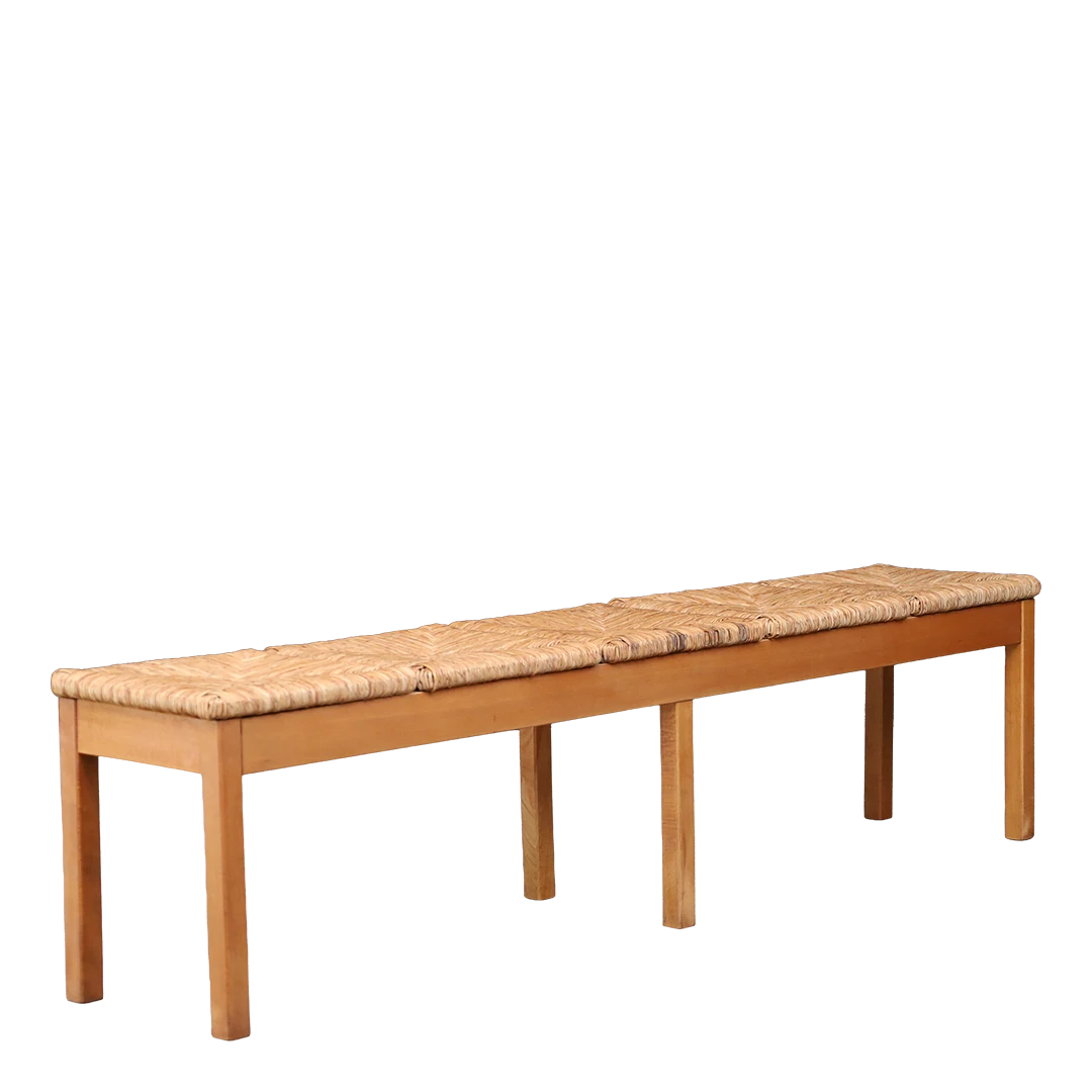 Late 1960s European : four-part woven rush over ash wood long bench
