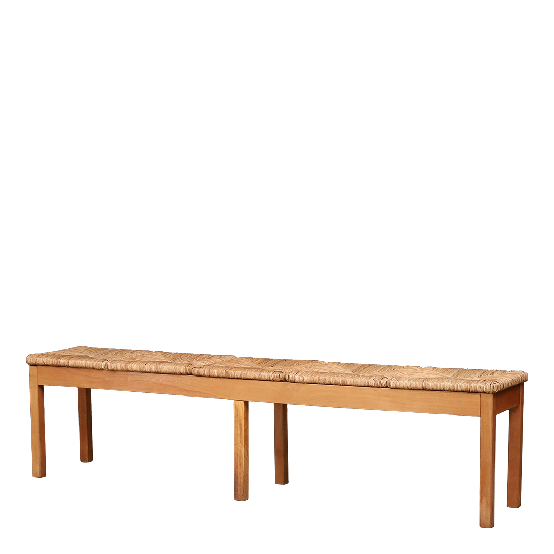 Late 1960s European : four-part woven rush over ash wood long bench