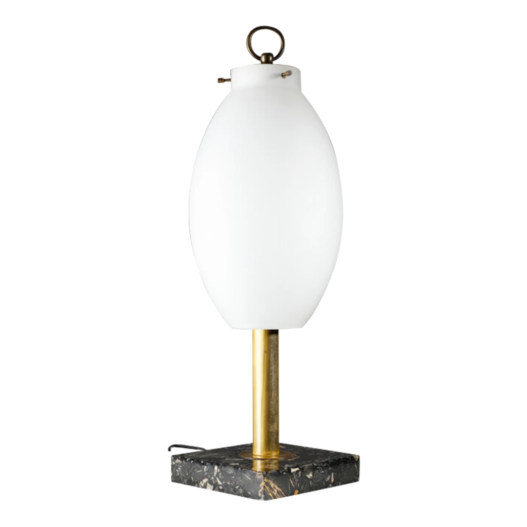 1950s Italian : opaline glass shade, marble & brass table lamp