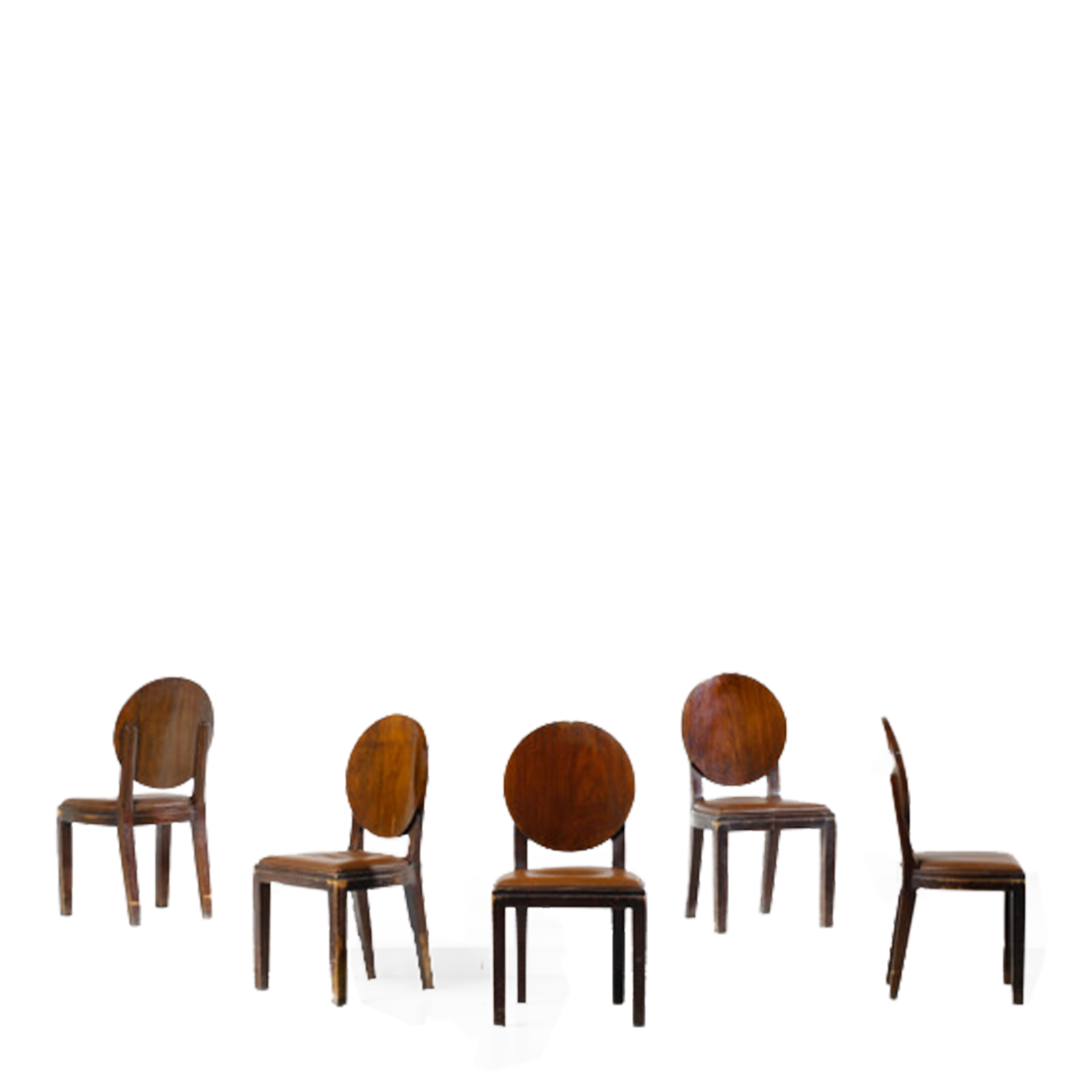 1931 Michel Dufet : set five bur ash & leatherette dining chairs