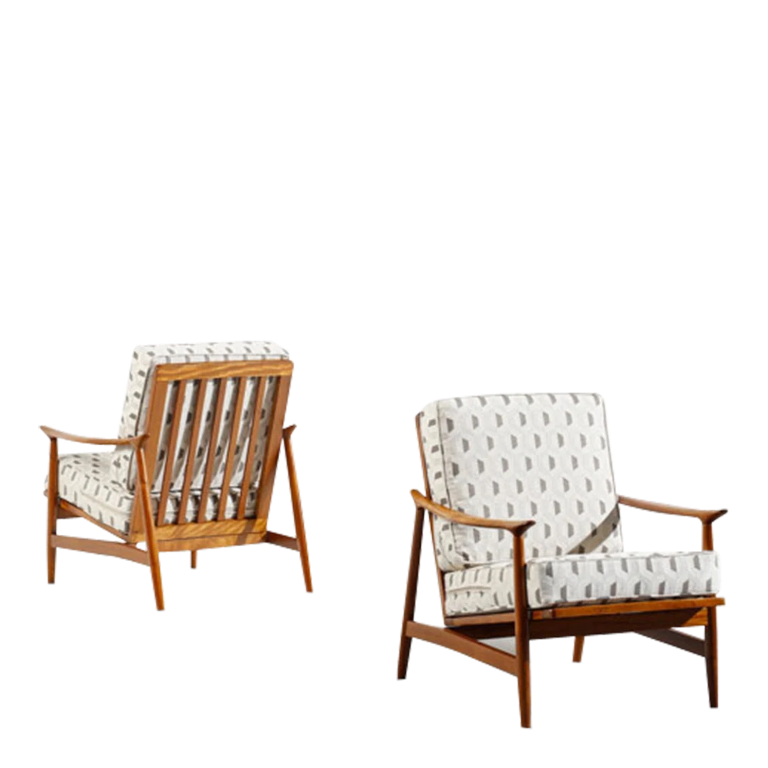 Pair 1960s Scandinavian : upholstered teakwood lounge chairs