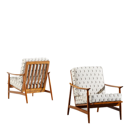 Pair 1960s Scandinavian : upholstered teakwood lounge chairs