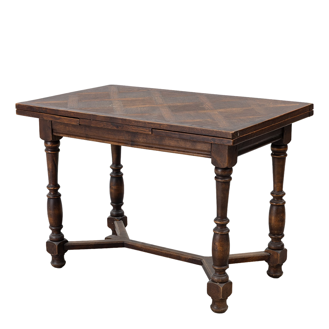 Late 19thc Swedish : Baroque revival oakwood table w/geometric parquetry top