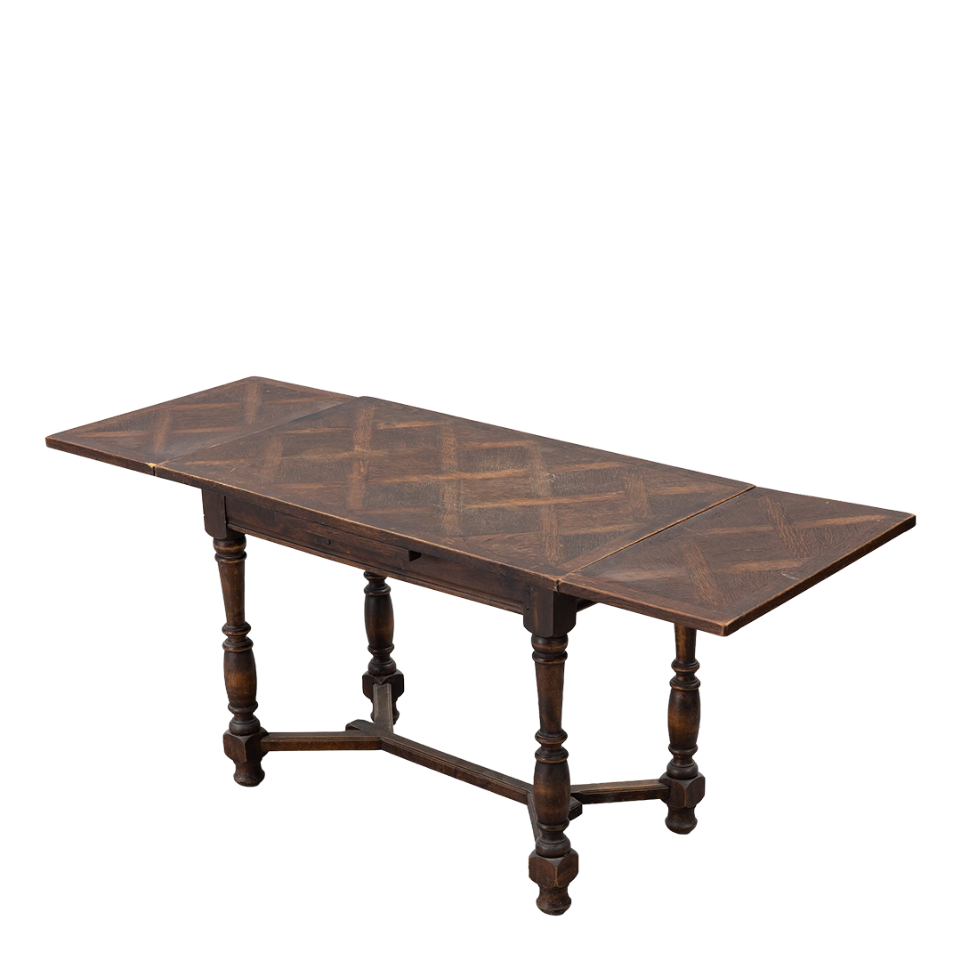 Late 19thc Swedish : Baroque revival oakwood table w/geometric parquetry top
