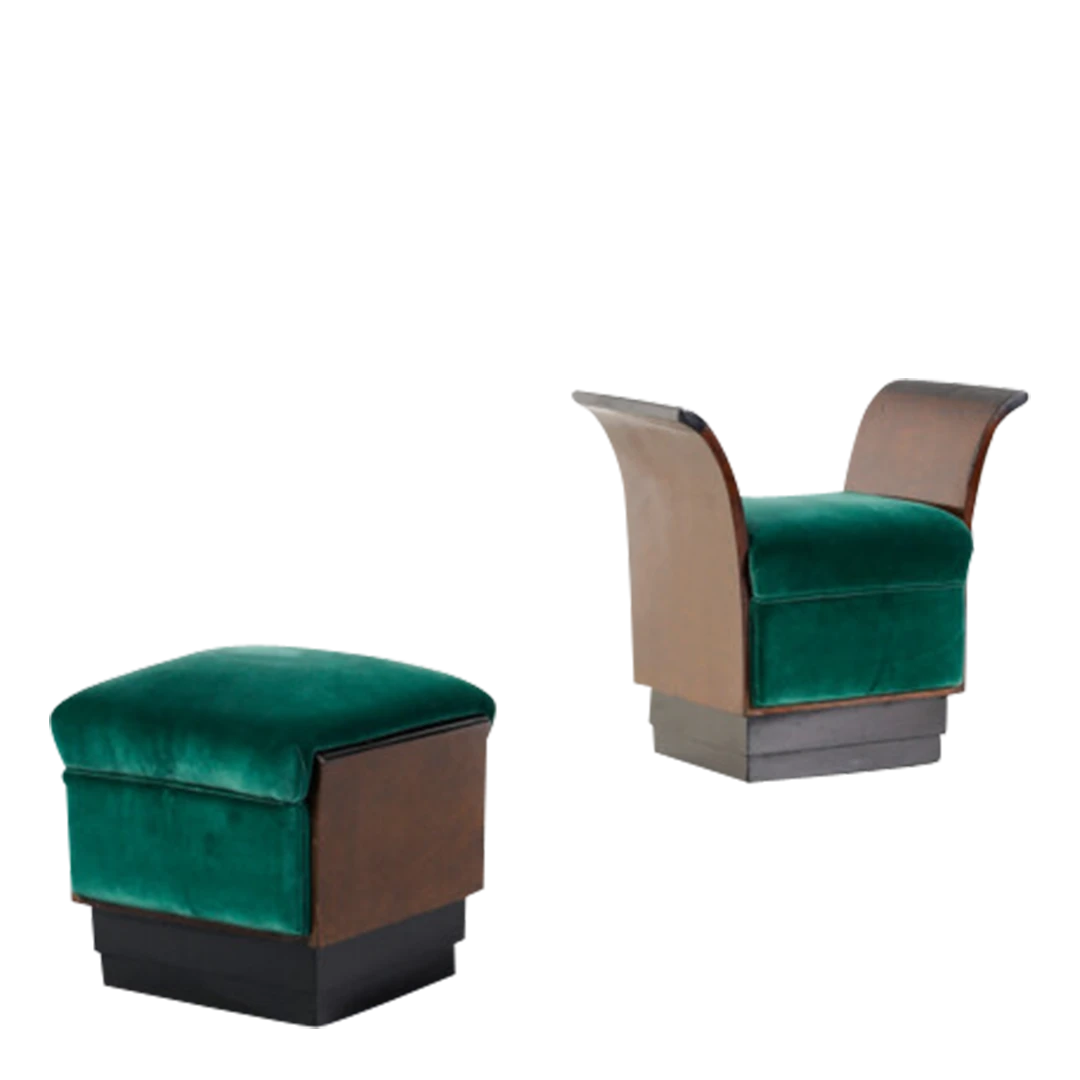 Pair 1930s Marcello Piacentini : rootwood & padded velvet stools, Italy