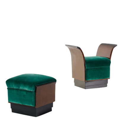 Pair 1930s Marcello Piacentini : rootwood & padded velvet stools, Italy