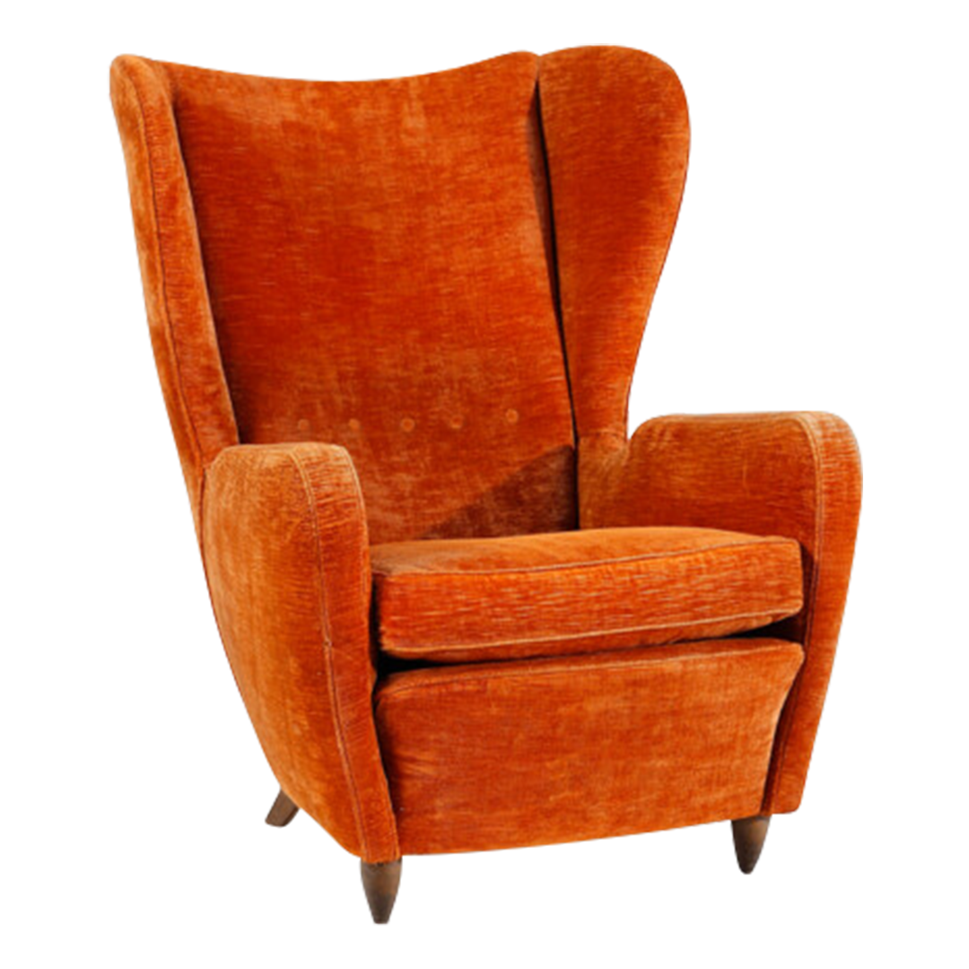 1950s Italian : orange velvet bergère wingback lounge chair