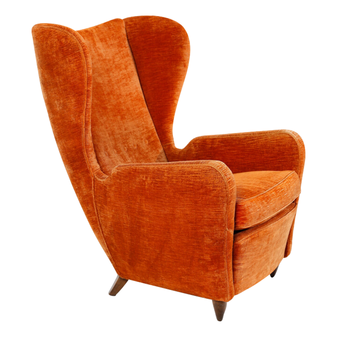 1950s Italian : orange velvet bergère wingback lounge chair