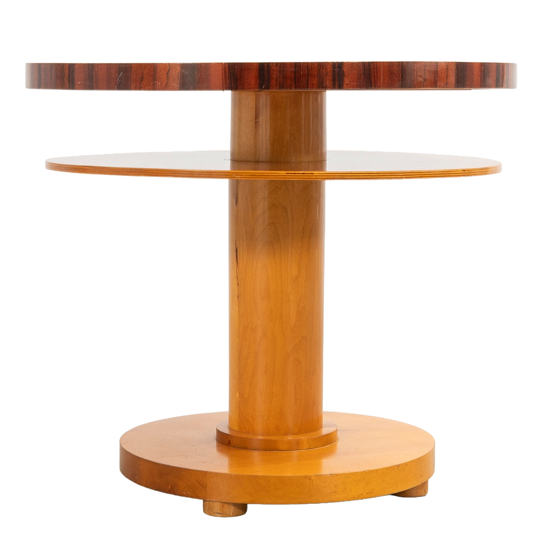 1930s Swedish Grace : flame birch & rosewood 27" pedestal table