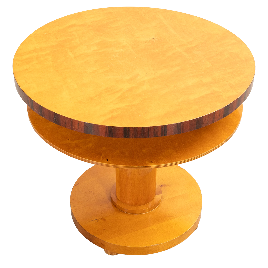 1930s Swedish Grace : flame birch & rosewood 27" pedestal table