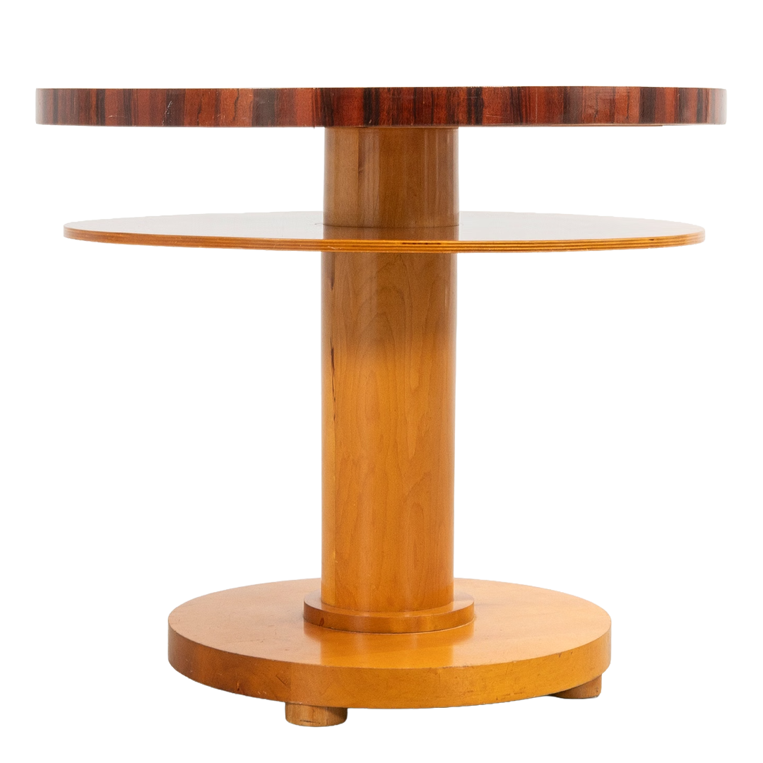 1930s Swedish Grace : flame birch & rosewood 27" pedestal table