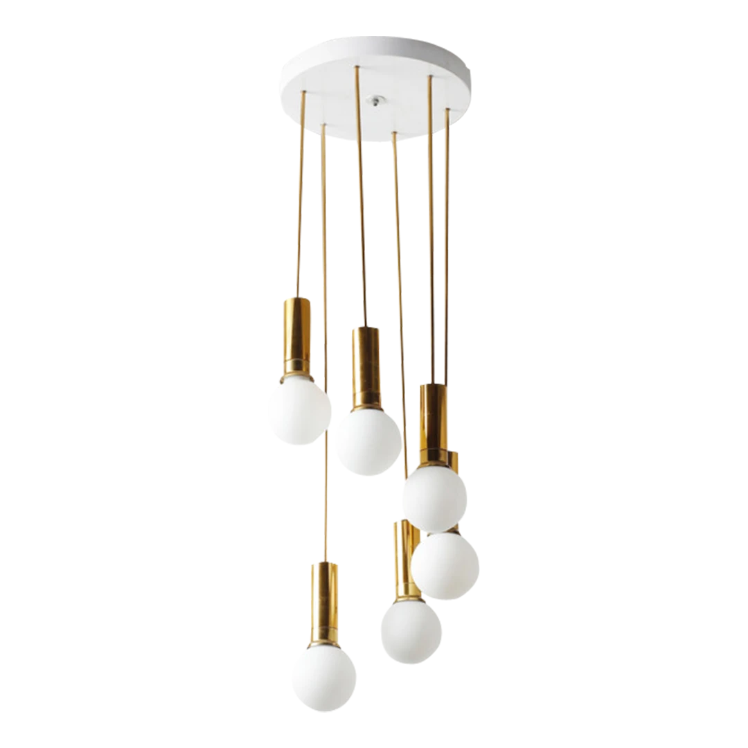 1960s Italian ceiling light : six satin opaline glass pendants and brass