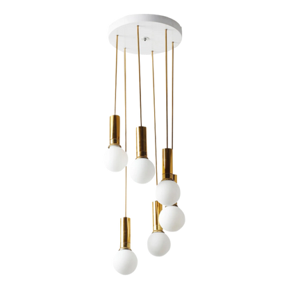 1960s Italian ceiling light : six satin opaline glass pendants and brass