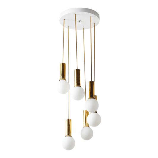 1960s Italian ceiling light : six satin opaline glass pendants and brass