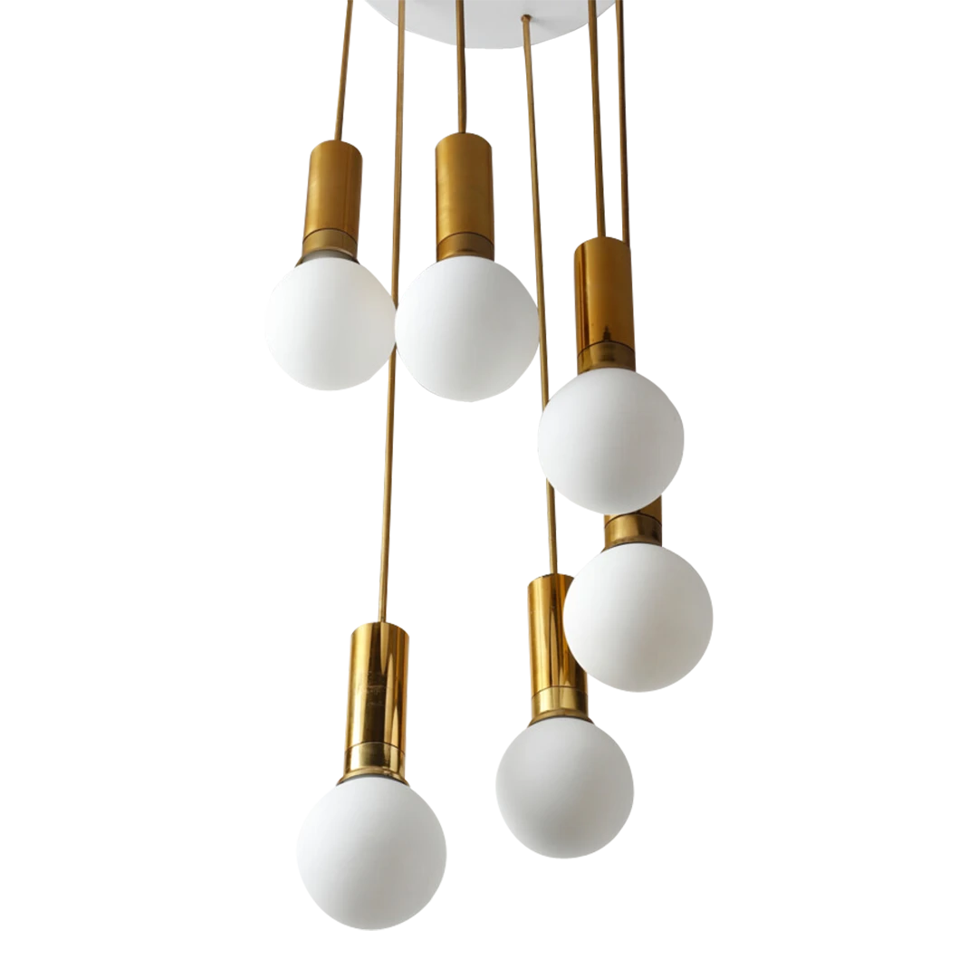 1960s Italian ceiling light : six satin opaline glass pendants and brass