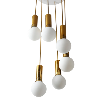 1960s Italian ceiling light : six satin opaline glass pendants and brass