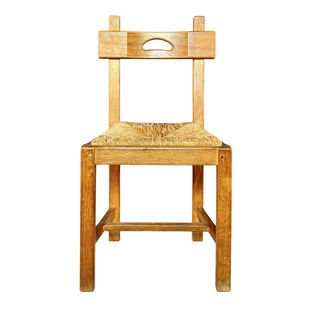 1940s French : set six French provincial oak & natural rush dining chairs