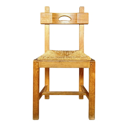 1940s French : set six French provincial oak & natural rush dining chairs