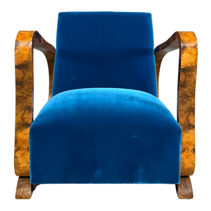 1930s European : pair figural burl walnut Art Deco armchairs