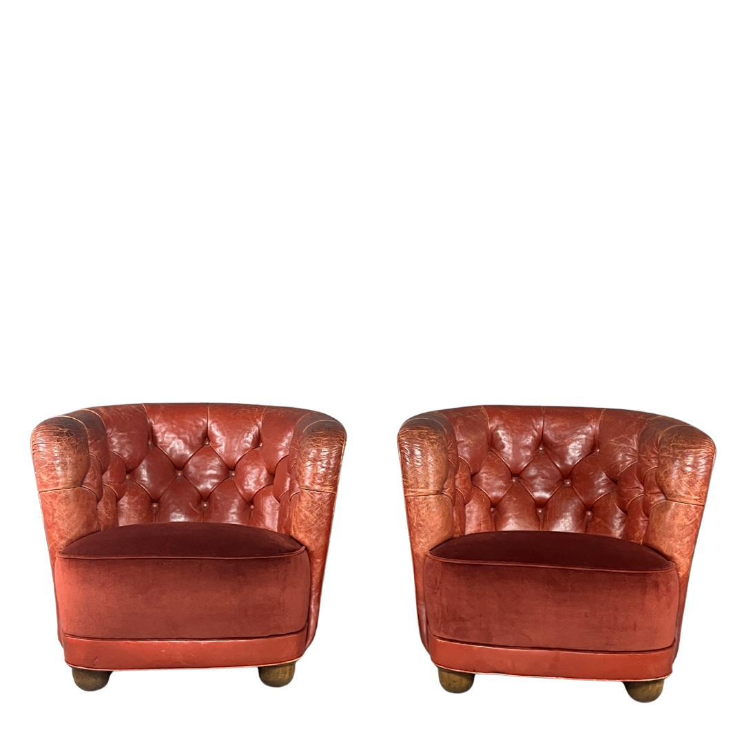 1930s Danish : pair of exceptional leather tufted club chairs