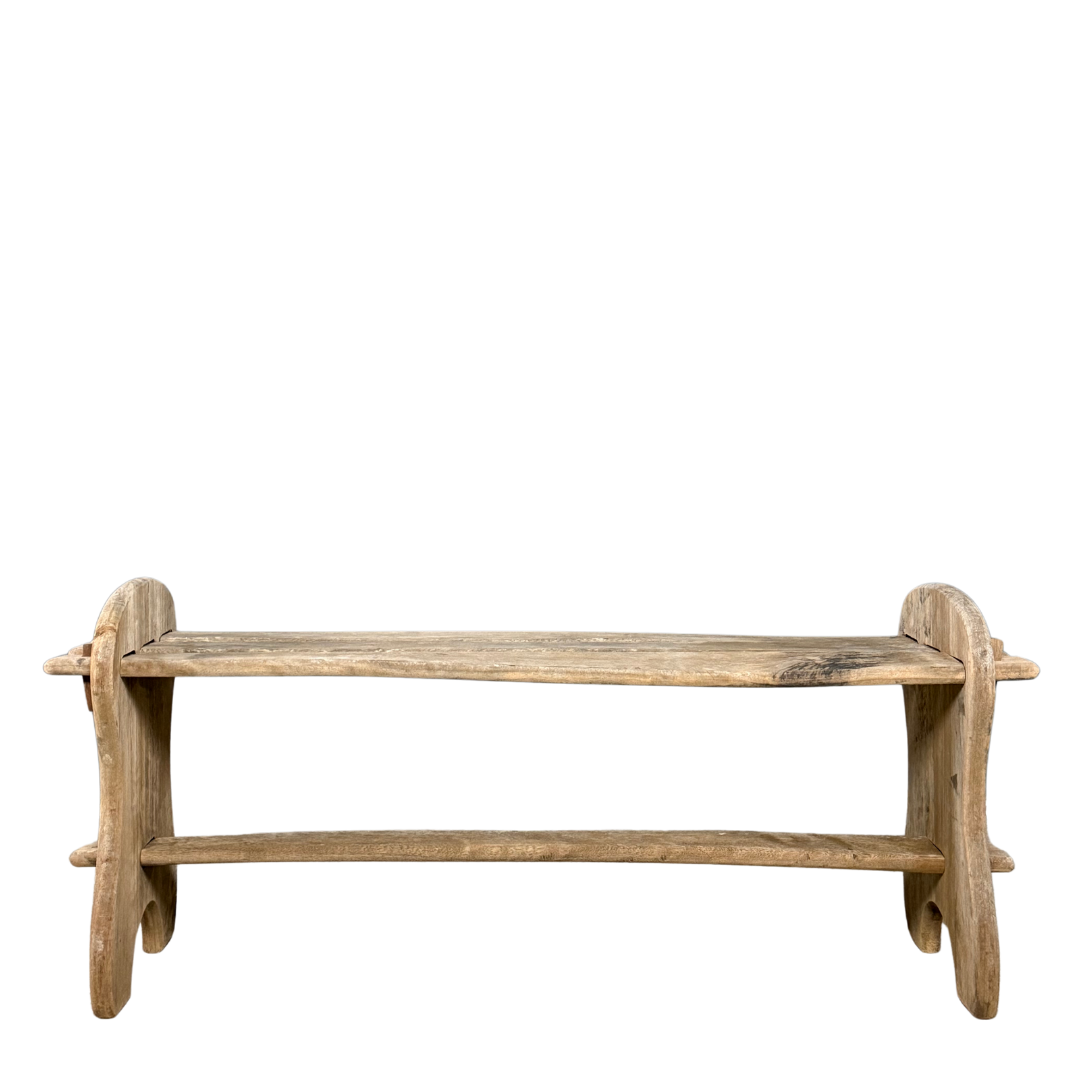 1940s French : "modern rustique" brutalist solid chestnut trestle bench