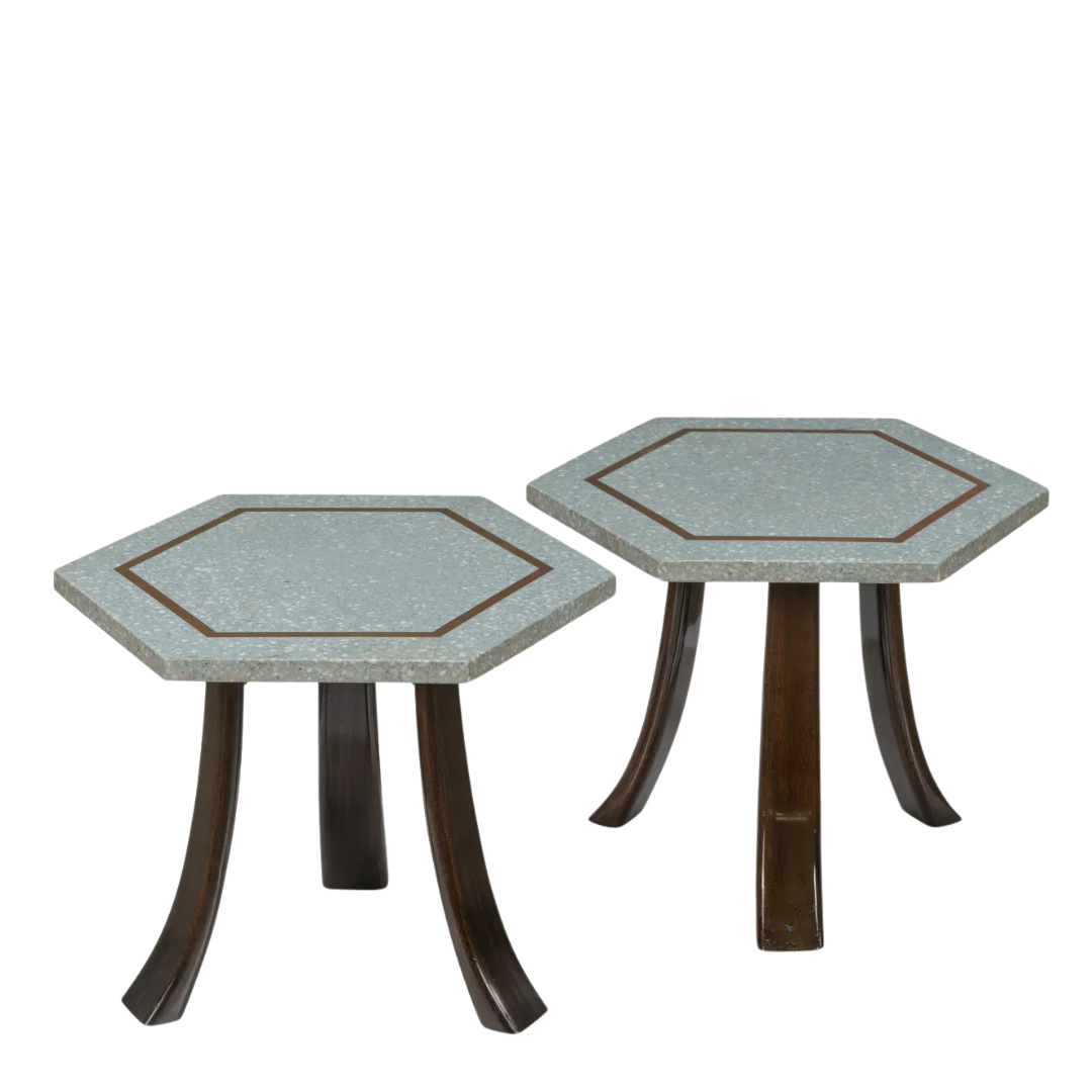 1960s Harvey Probber : pair terrazzo & brass inlay hexagonal side tables