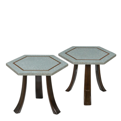 1960s Harvey Probber : pair terrazzo & brass inlay hexagonal side tables