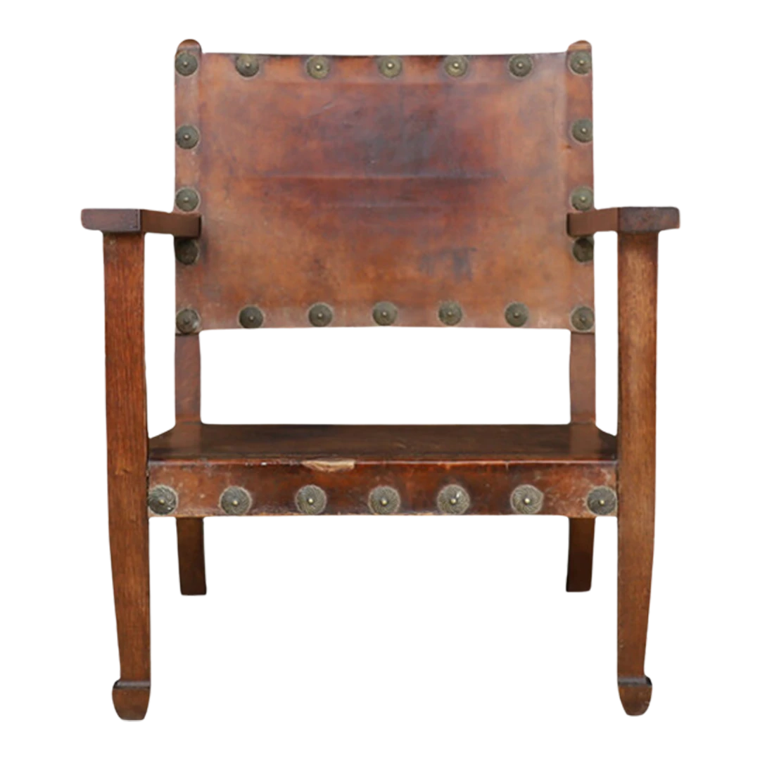 c1940 Spanish Friar chair : in oakwood & saddle leather with brass