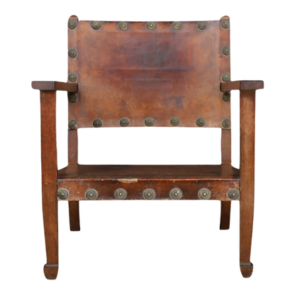 c1940 Spanish Friar chair : in oakwood & saddle leather with brass